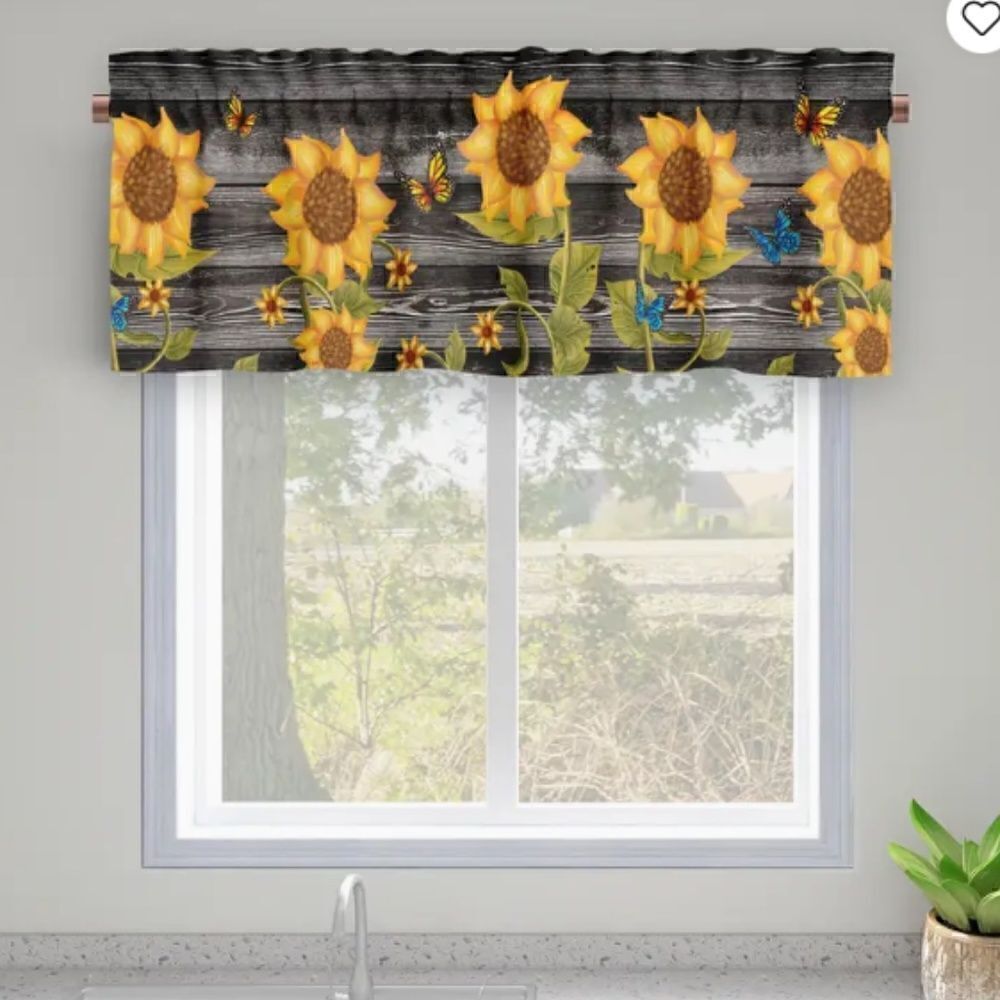 NEW! Farmhouse Trendy Wood Grain Look Sunflower Window Valance Country Cottage